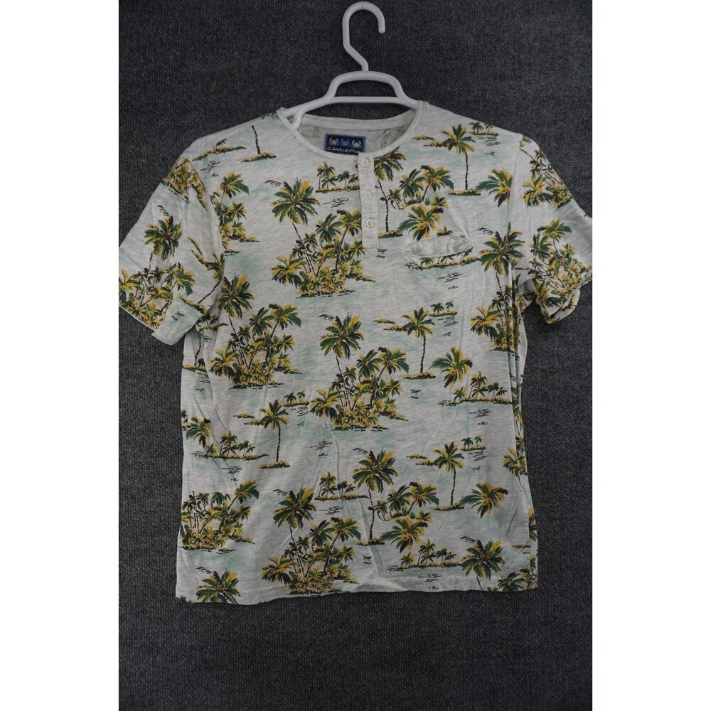 Charleston Threads Henley Shirt Mens Gray Tropical Palm Tree All Over Print